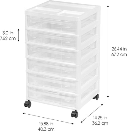 IRIS USA Fits 12 x 12 Paper, 6-Tier Scrapbook Rolling Storage Cart with Organizer for Stationery Vinyl Tools Office Art and Craft Supplies, Yarn, 6 Clear Cases w/ Built in Handle - White/Clear