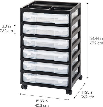 IRIS USA Fits 12 x 12 Paper, 6-Tier Scrapbook Rolling Storage Cart with Organizer for Stationery Vinyl Tools Office Art and Craft Supplies, Yarn, 6 Clear Cases w/ Built in Handle - White/Clear