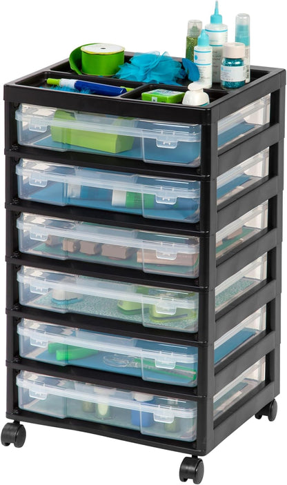IRIS USA Fits 12 x 12 Paper, 6-Tier Scrapbook Rolling Storage Cart with Organizer for Stationery Vinyl Tools Office Art and Craft Supplies, Yarn, 6 Clear Cases w/ Built in Handle - White/Clear
