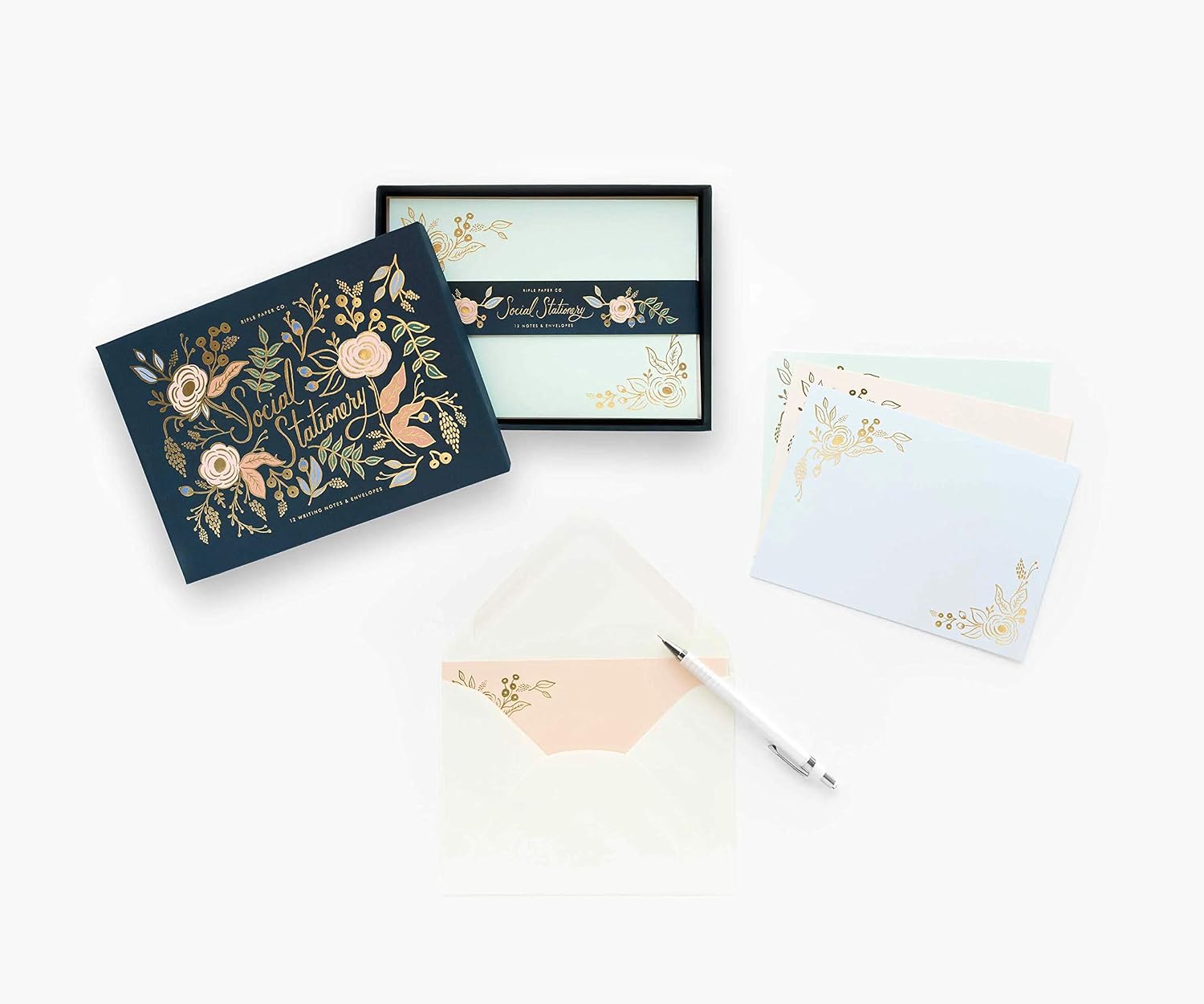 RIFLE PAPER CO. Colette Social Stationery Set, Our Social Stationery Sets Include 12 Cover-Weight Flat Notes, Each with a Three-Count of Four Different Designs, and Envelopes Insides a Matching Box