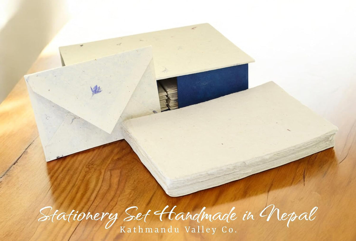 Kathmandu Valley Co. Vintage Stationery Gift Box Set with 50 Handmade A5 Deckle-edge Lokta Paper Sheets and 30 Envelopes (Forest Wanderer)