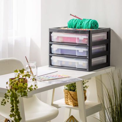 IRIS USA Fits 12 x 12 Paper, 6-Tier Scrapbook Rolling Storage Cart with Organizer for Stationery Vinyl Tools Office Art and Craft Supplies, Yarn, 6 Clear Cases w/ Built in Handle - White/Clear