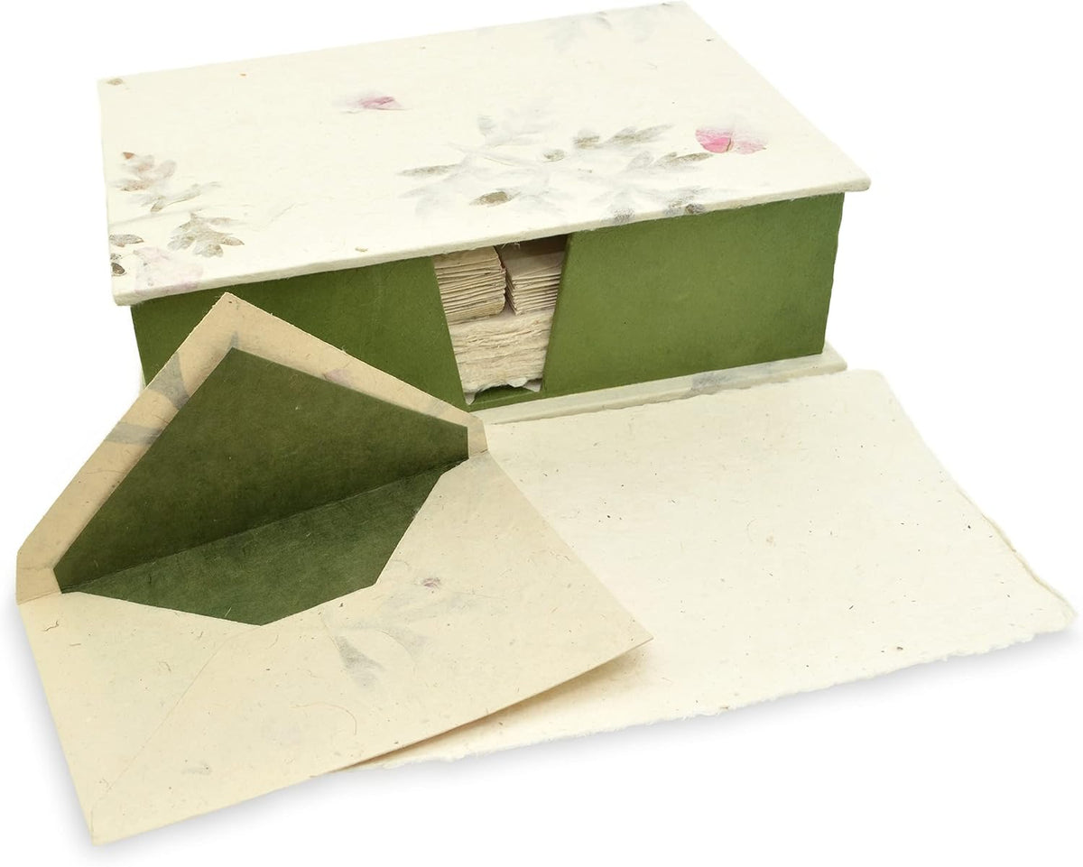 Kathmandu Valley Co. Vintage Stationery Gift Box Set with 50 Handmade A5 Deckle-edge Lokta Paper Sheets and 30 Envelopes (Forest Wanderer)
