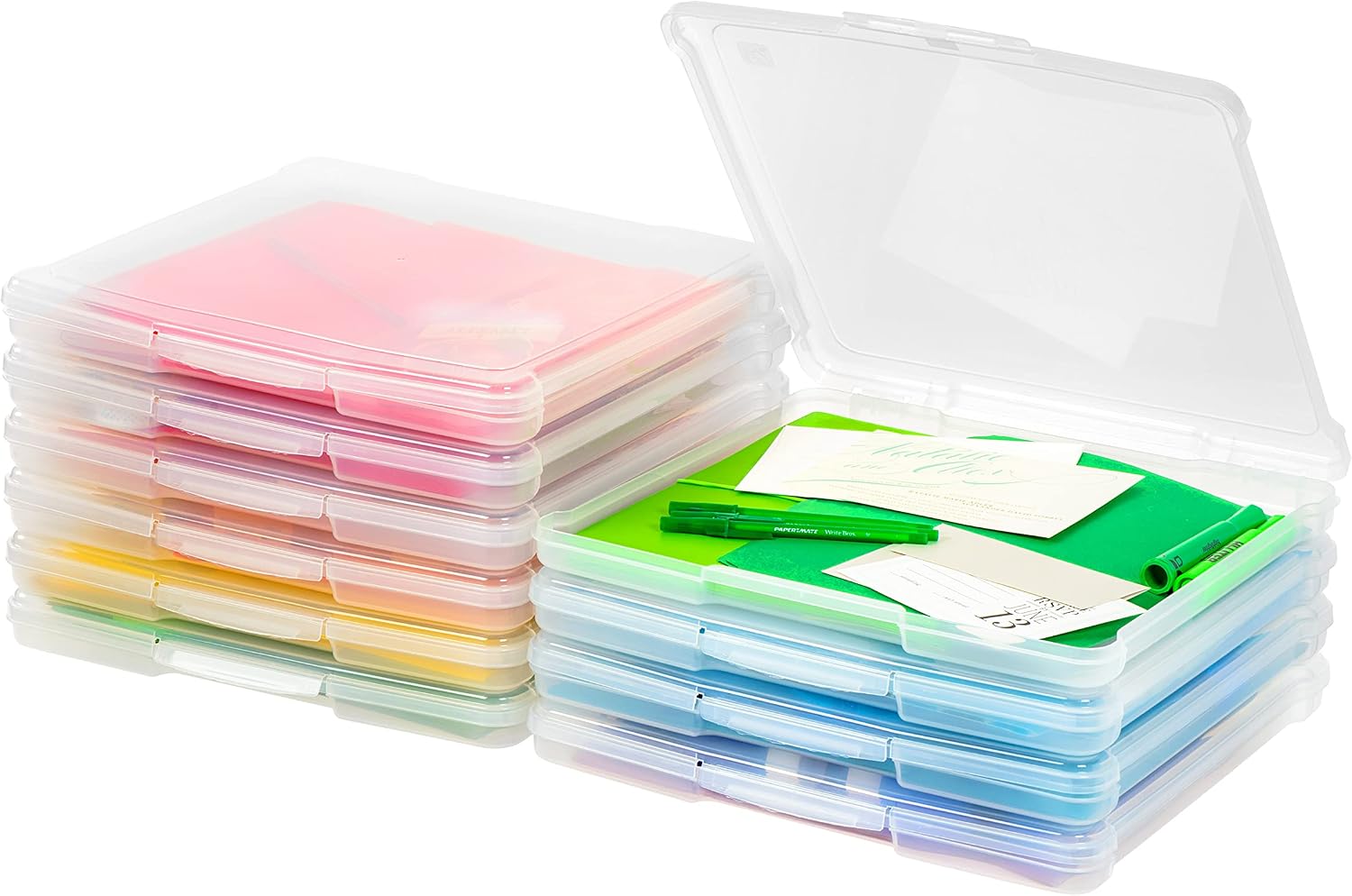 IRIS USA Fits 12 x 12 Paper, 6-Tier Scrapbook Rolling Storage Cart with Organizer for Stationery Vinyl Tools Office Art and Craft Supplies, Yarn, 6 Clear Cases w/ Built in Handle - White/Clear