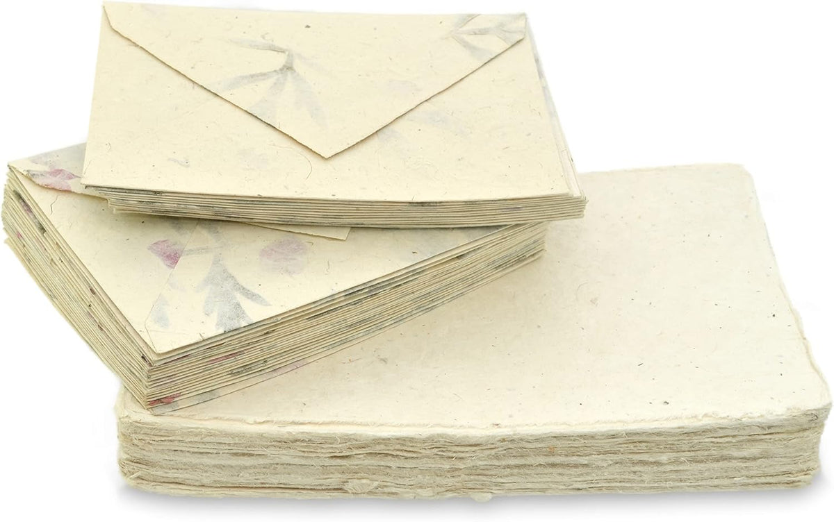 Kathmandu Valley Co. Vintage Stationery Gift Box Set with 50 Handmade A5 Deckle-edge Lokta Paper Sheets and 30 Envelopes (Forest Wanderer)