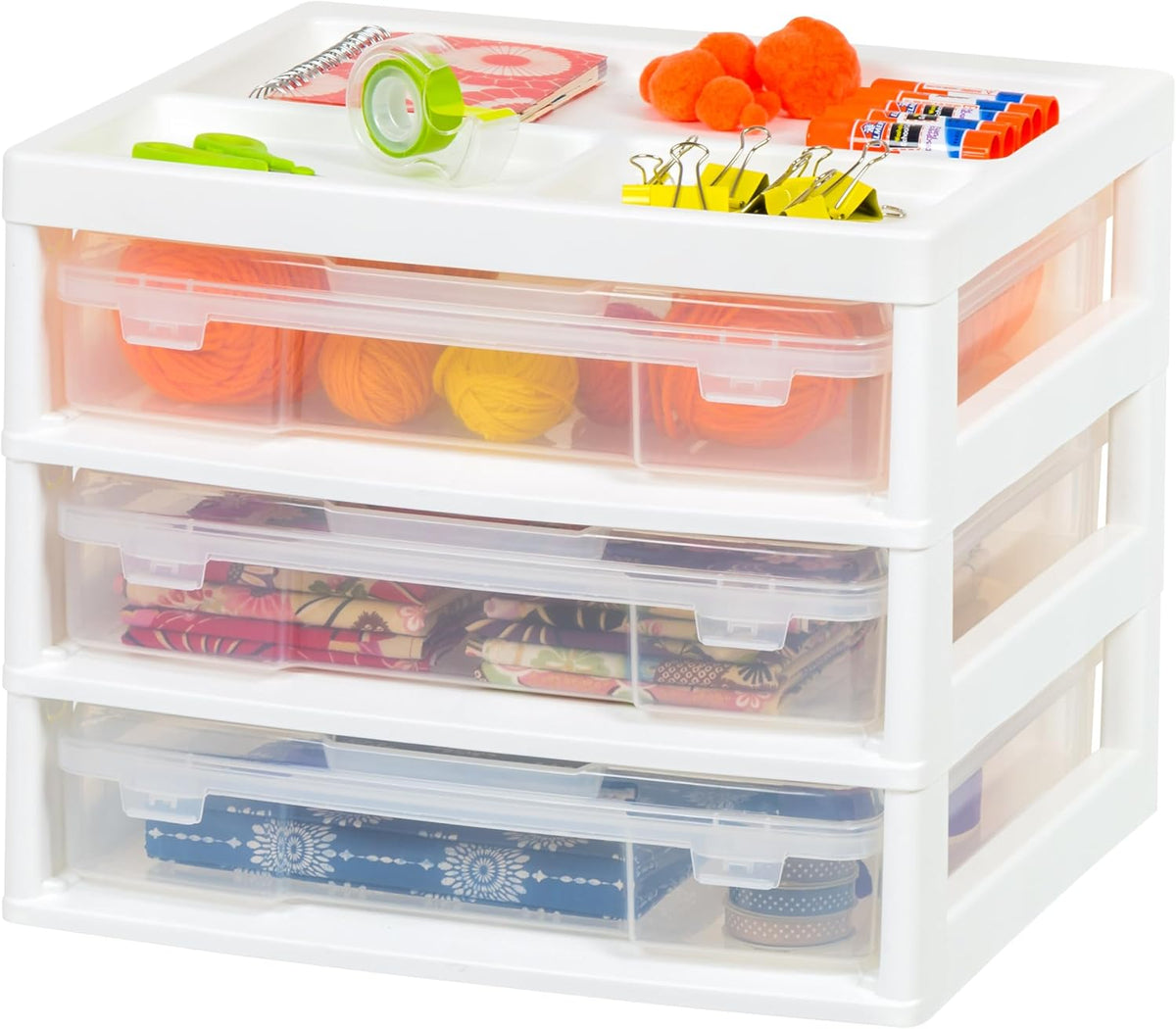IRIS USA Fits 12 x 12 Paper, 6-Tier Scrapbook Rolling Storage Cart with Organizer for Stationery Vinyl Tools Office Art and Craft Supplies, Yarn, 6 Clear Cases w/ Built in Handle - White/Clear