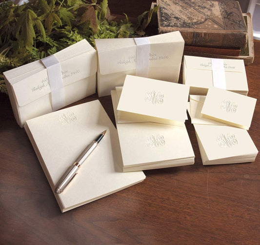 American Stationery, Personalized Embossed Monogram Ensemble Set, Notes, Sheets, Enclosure Cards, Envelopes, 1390