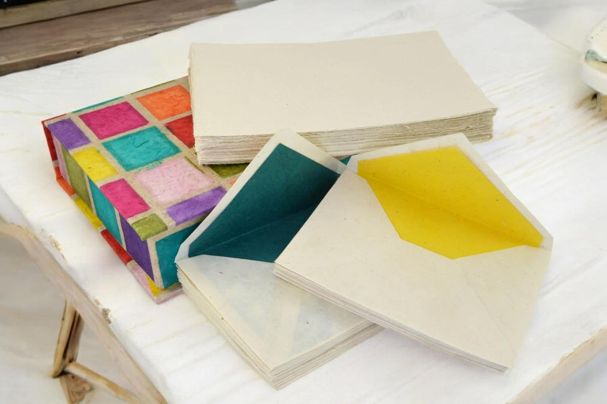 Kathmandu Valley Co. Vintage Stationery Gift Box Set with 50 Handmade A5 Deckle-edge Lokta Paper Sheets and 30 Envelopes (Forest Wanderer)