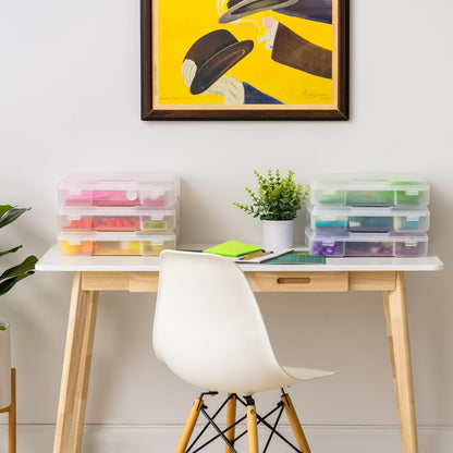 IRIS USA Fits 12 x 12 Paper, 6-Tier Scrapbook Rolling Storage Cart with Organizer for Stationery Vinyl Tools Office Art and Craft Supplies, Yarn, 6 Clear Cases w/ Built in Handle - White/Clear