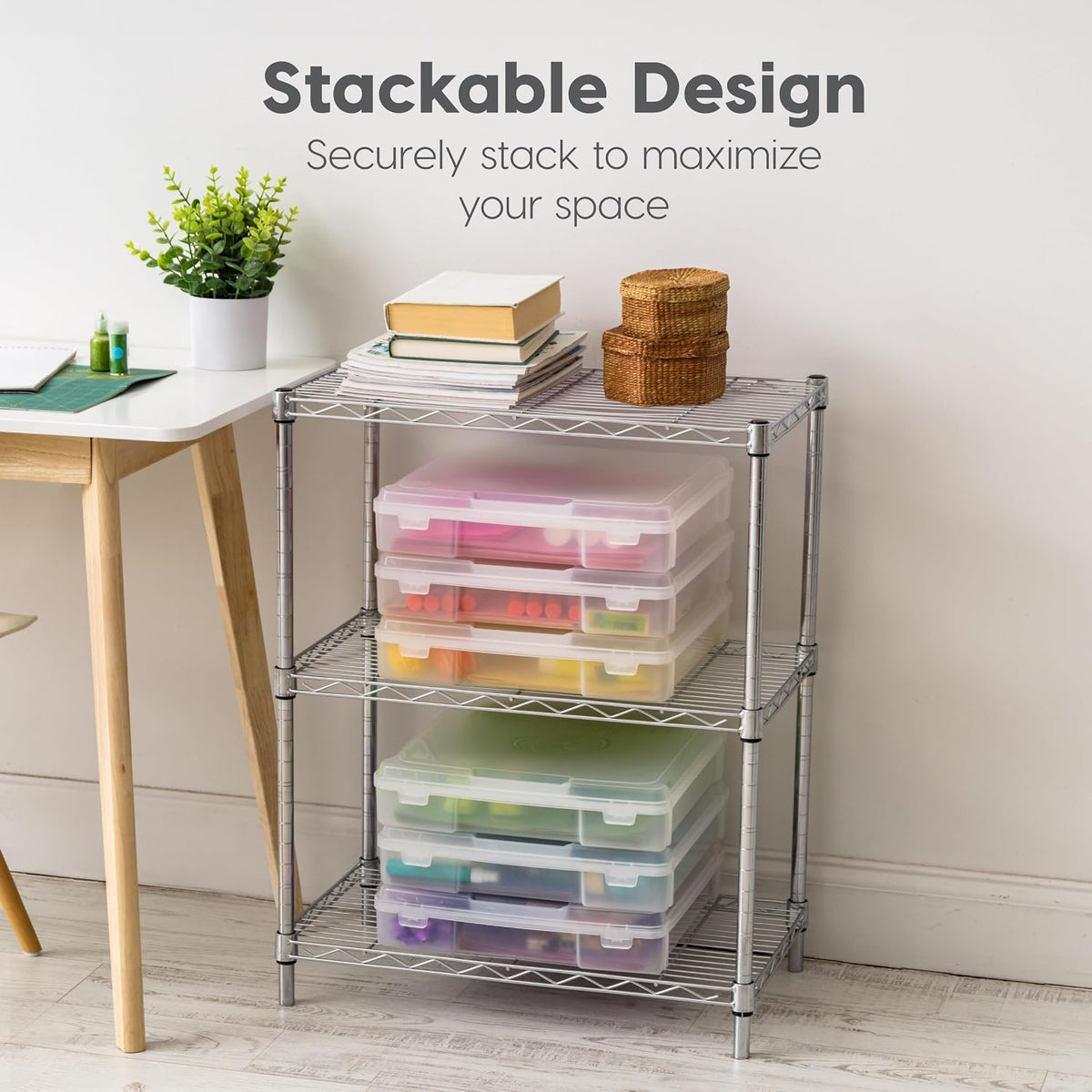 IRIS USA Fits 12 x 12 Paper, 6-Tier Scrapbook Rolling Storage Cart with Organizer for Stationery Vinyl Tools Office Art and Craft Supplies, Yarn, 6 Clear Cases w/ Built in Handle - White/Clear
