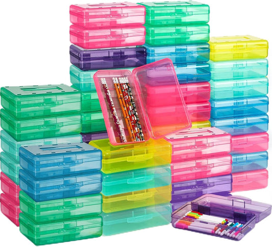 48 Pack Pencil Case for School Pencil Boxes Bulk Large Clear Plastic Crayon Box Marker Bead Pen Containers with Snap Lids Back to School Supplies Classroom Stationery Organizer for Craft(Transparent)