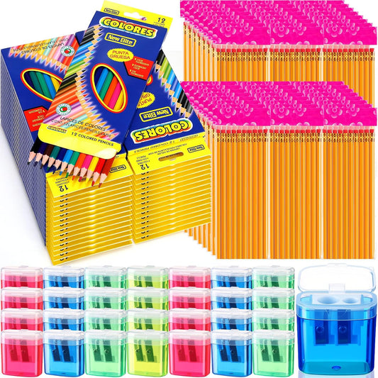 Dinifee 48 Set/1004 Count Bulk Back to School Supplies Kit for Student Include 576 Count Colored Pencils 480 HB Pencils 48 Pcs Manual Pencil Sharpeners with Lid for Art Classroom School Stationery