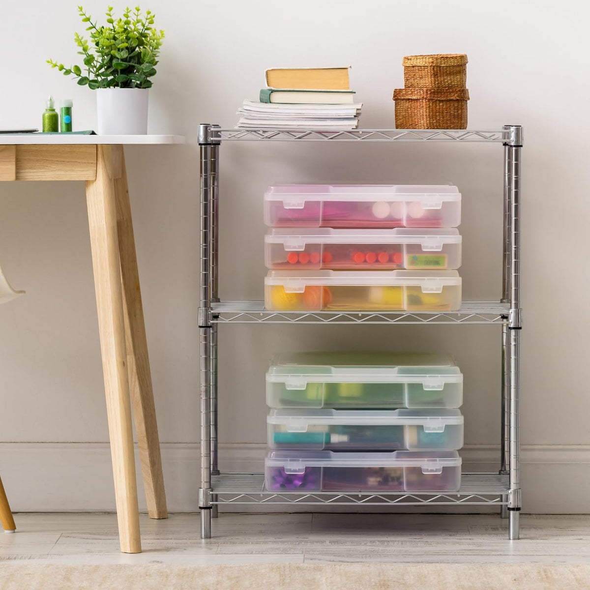 IRIS USA Fits 12 x 12 Paper, 6-Tier Scrapbook Rolling Storage Cart with Organizer for Stationery Vinyl Tools Office Art and Craft Supplies, Yarn, 6 Clear Cases w/ Built in Handle - White/Clear