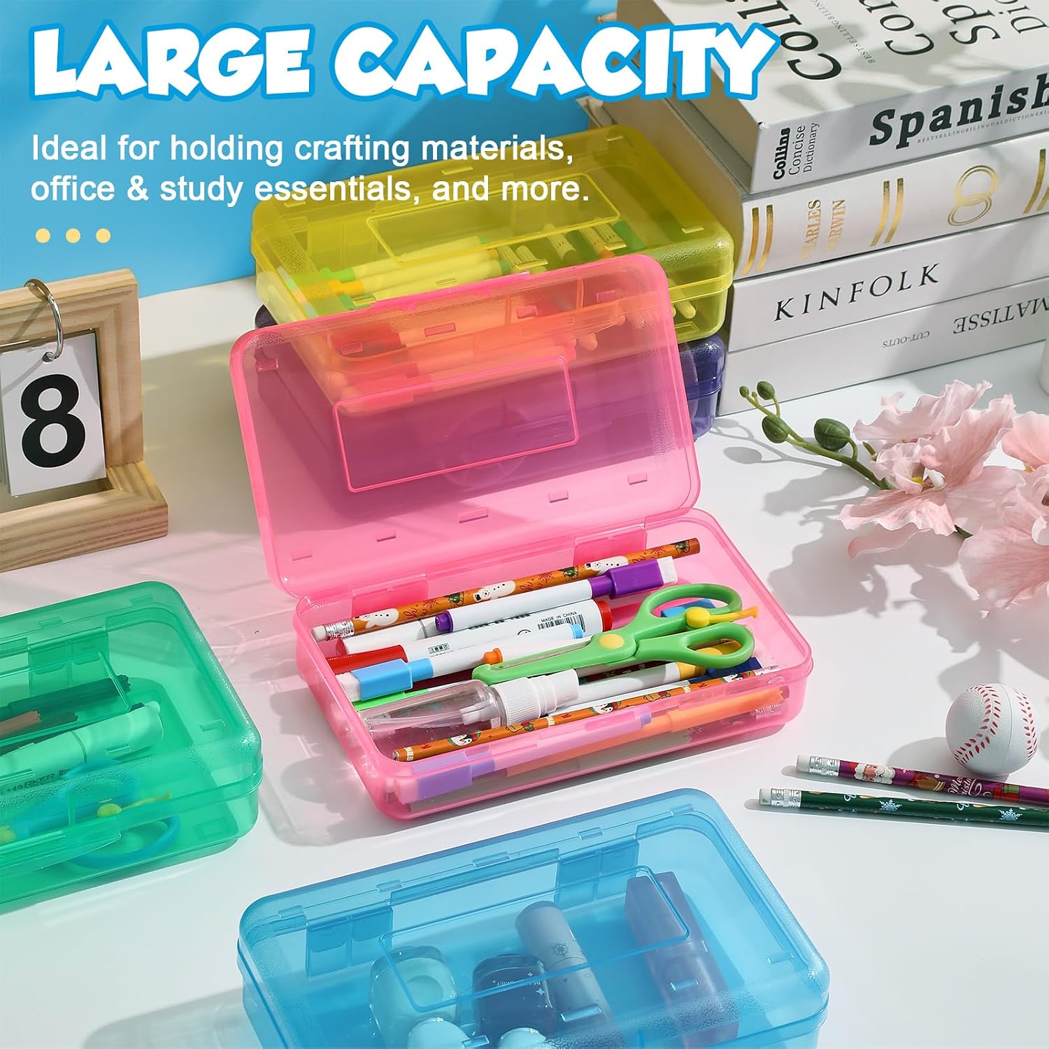 48 Pack Pencil Case for School Pencil Boxes Bulk Large Clear Plastic Crayon Box Marker Bead Pen Containers with Snap Lids Back to School Supplies Classroom Stationery Organizer for Craft(Transparent)