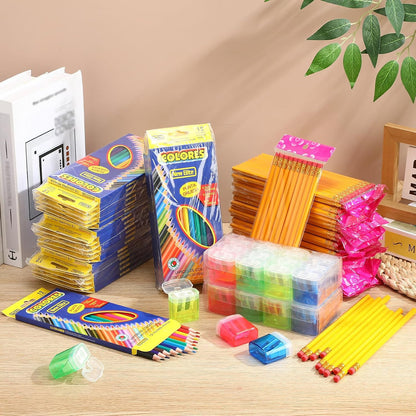 Dinifee 48 Set/1004 Count Bulk Back to School Supplies Kit for Student Include 576 Count Colored Pencils 480 HB Pencils 48 Pcs Manual Pencil Sharpeners with Lid for Art Classroom School Stationery