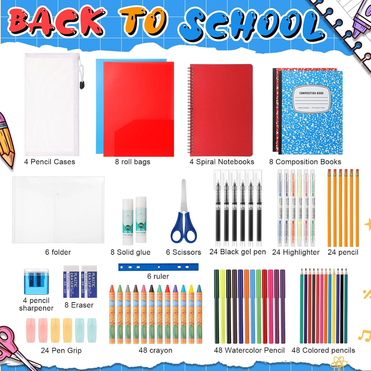 Gilprop 6 Set 2025 School Supplies Kit, 47 Pcs Per Set Back to School Supplies Primary Middle College Bundle Essential Stuff Bulk Pen Notebook Stationery for Kid Student Girl Teen Classroom Boy