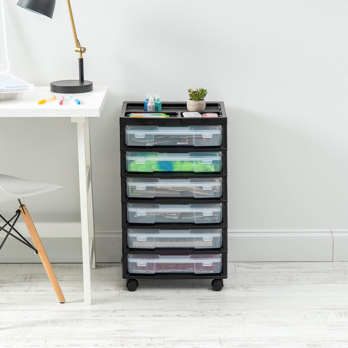 IRIS USA Fits 12 x 12 Paper, 6-Tier Scrapbook Rolling Storage Cart with Organizer for Stationery Vinyl Tools Office Art and Craft Supplies, Yarn, 6 Clear Cases w/ Built in Handle - White/Clear