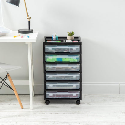 IRIS USA Fits 12 x 12 Paper, 6-Tier Scrapbook Rolling Storage Cart with Organizer for Stationery Vinyl Tools Office Art and Craft Supplies, Yarn, 6 Clear Cases w/ Built in Handle - White/Clear