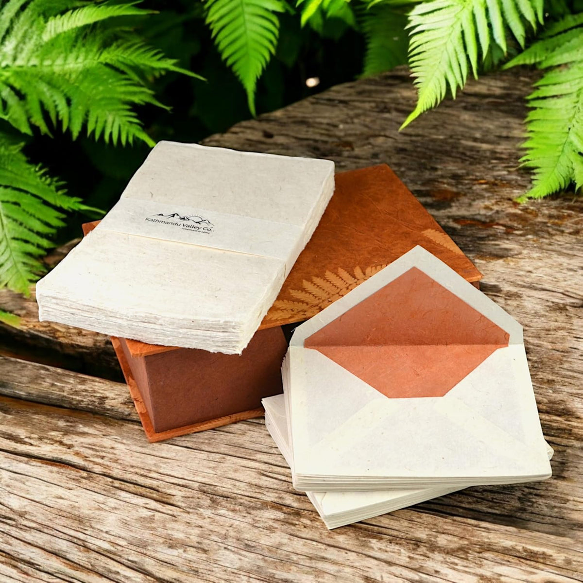 Kathmandu Valley Co. Vintage Stationery Gift Box Set with 50 Handmade A5 Deckle-edge Lokta Paper Sheets and 30 Envelopes (Forest Wanderer)