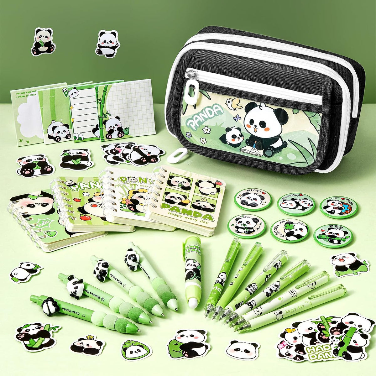 Fimibuke Kids Backpack for School Girls, 28PCS Panda Toddler School Supplies Stationery Set with Bookbag Pencil Case Pins Gel Pens Pencils Notebooks Sticky Notes for Kindergarten Elementary Student