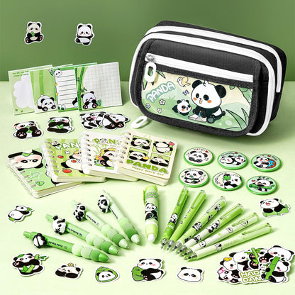 Fimibuke Kids Backpack for School Girls, 28PCS Panda Toddler School Supplies Stationery Set with Bookbag Pencil Case Pins Gel Pens Pencils Notebooks Sticky Notes for Kindergarten Elementary Student