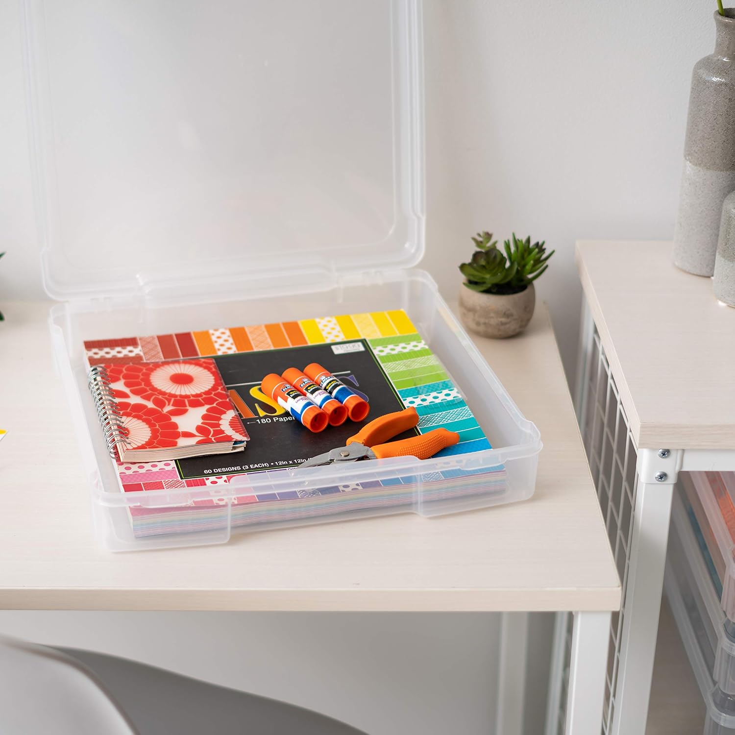 IRIS USA Fits 12 x 12 Paper, 6-Tier Scrapbook Rolling Storage Cart with Organizer for Stationery Vinyl Tools Office Art and Craft Supplies, Yarn, 6 Clear Cases w/ Built in Handle - White/Clear