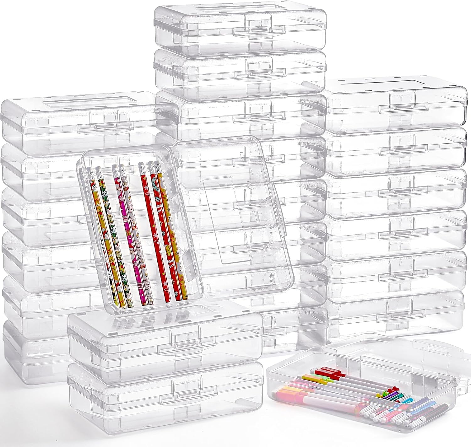 48 Pack Pencil Case for School Pencil Boxes Bulk Large Clear Plastic Crayon Box Marker Bead Pen Containers with Snap Lids Back to School Supplies Classroom Stationery Organizer for Craft(Transparent)