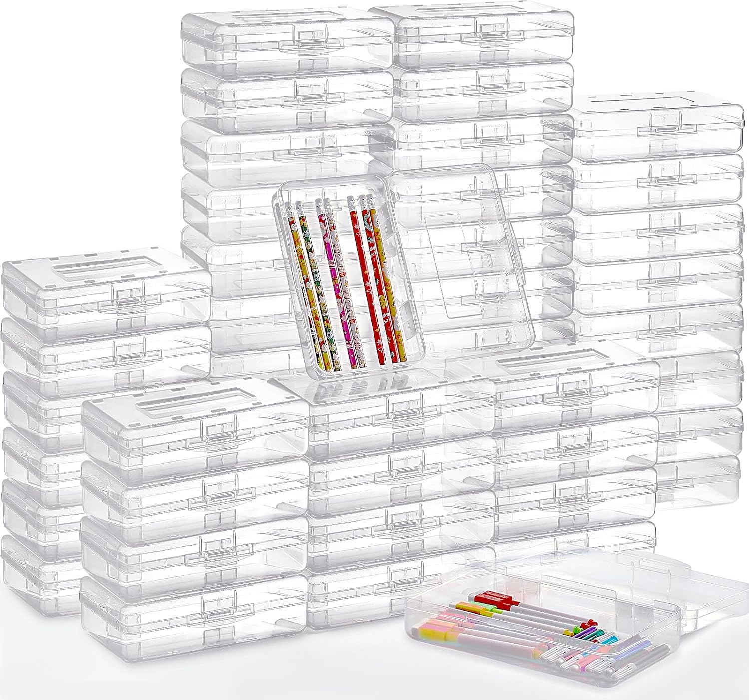 48 Pack Pencil Case for School Pencil Boxes Bulk Large Clear Plastic Crayon Box Marker Bead Pen Containers with Snap Lids Back to School Supplies Classroom Stationery Organizer for Craft(Transparent)