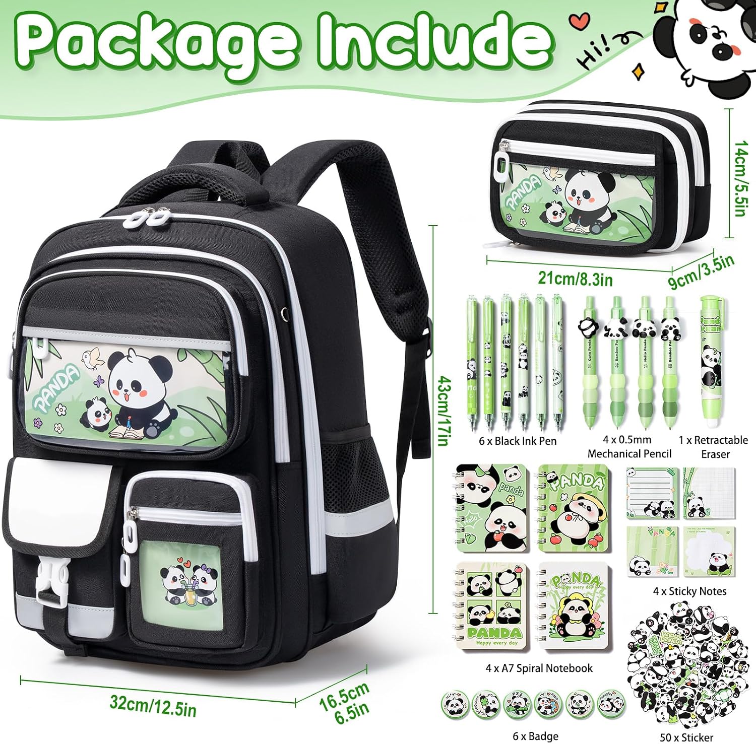 Fimibuke Kids Backpack for School Girls, 28PCS Panda Toddler School Supplies Stationery Set with Bookbag Pencil Case Pins Gel Pens Pencils Notebooks Sticky Notes for Kindergarten Elementary Student