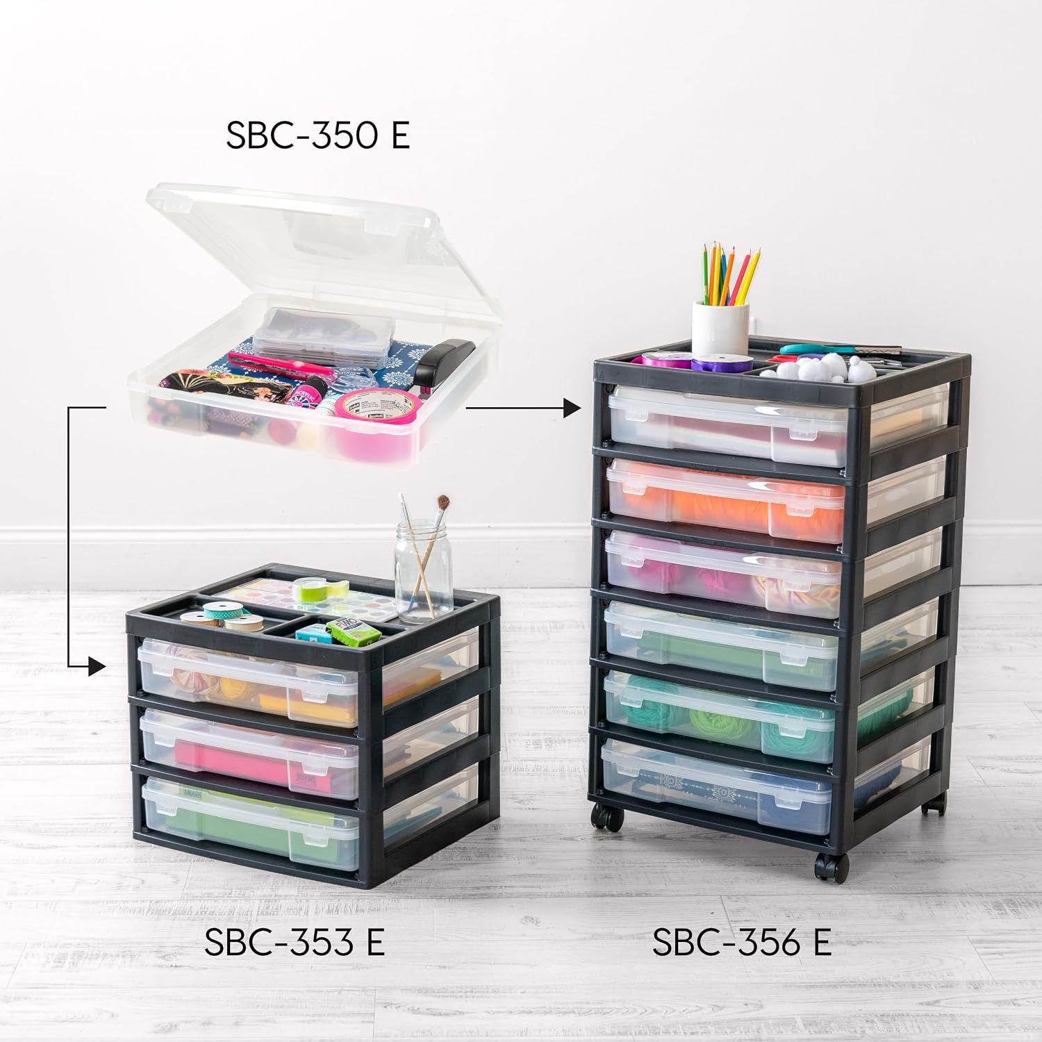 IRIS USA Fits 12 x 12 Paper, 6-Tier Scrapbook Rolling Storage Cart with Organizer for Stationery Vinyl Tools Office Art and Craft Supplies, Yarn, 6 Clear Cases w/ Built in Handle - White/Clear