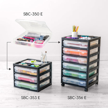 IRIS USA Fits 12 x 12 Paper, 6-Tier Scrapbook Rolling Storage Cart with Organizer for Stationery Vinyl Tools Office Art and Craft Supplies, Yarn, 6 Clear Cases w/ Built in Handle - White/Clear