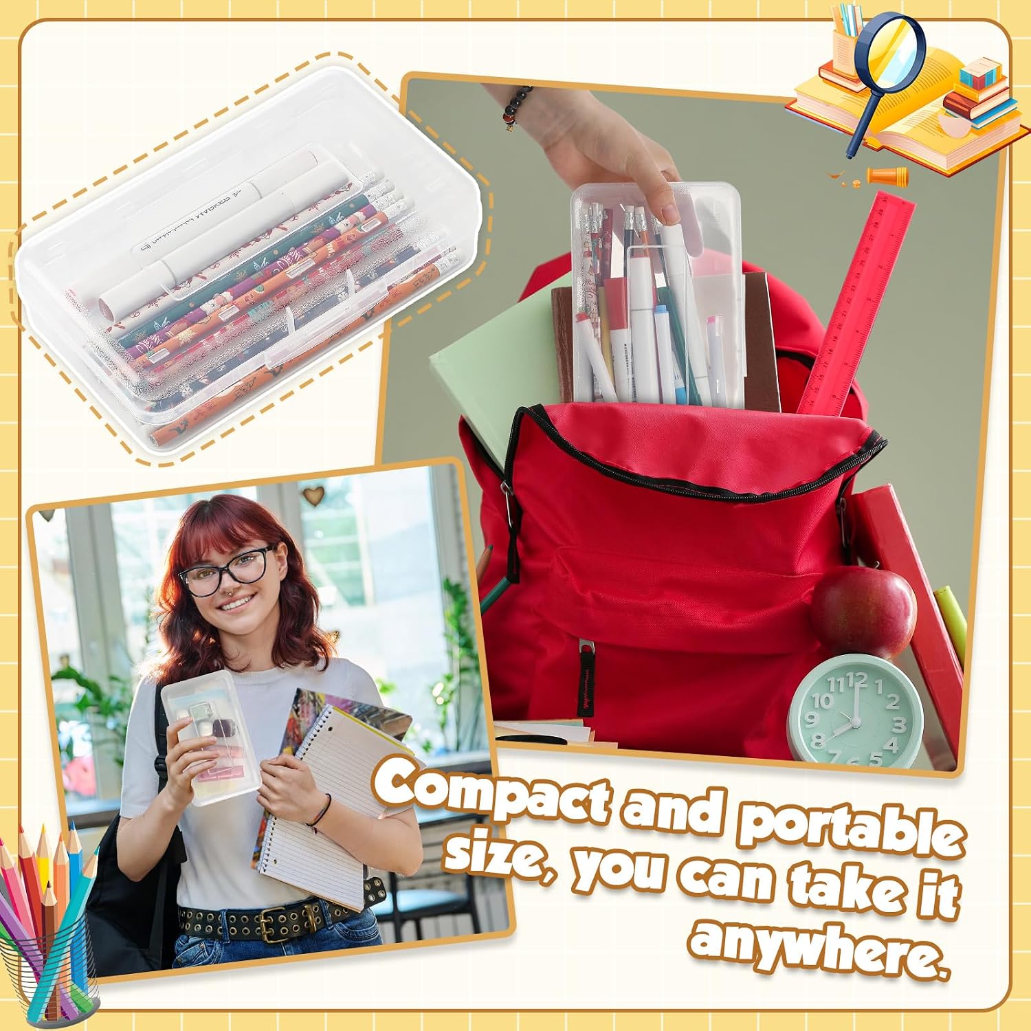 48 Pack Pencil Case for School Pencil Boxes Bulk Large Clear Plastic Crayon Box Marker Bead Pen Containers with Snap Lids Back to School Supplies Classroom Stationery Organizer for Craft(Transparent)