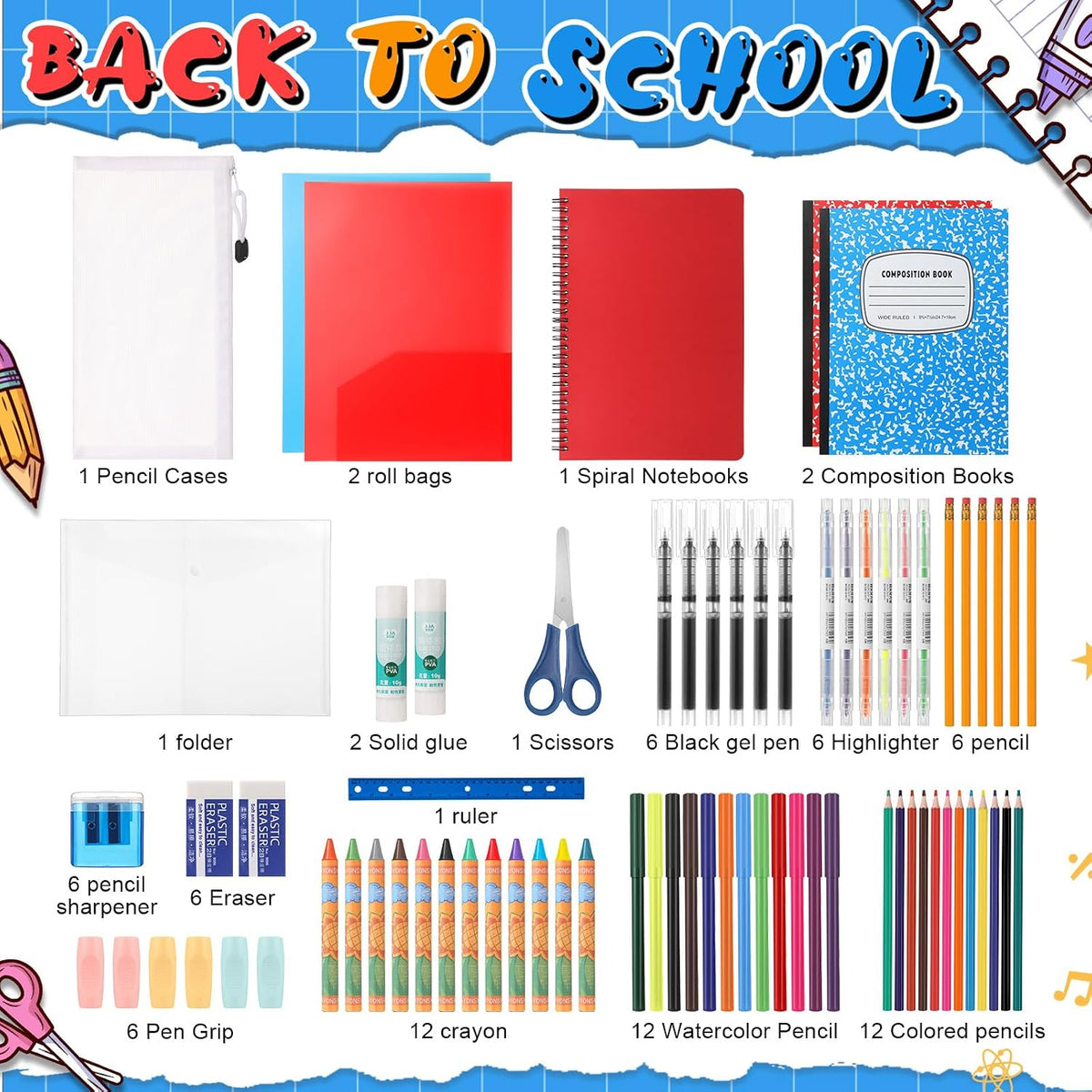 Gilprop 6 Set 2025 School Supplies Kit, 47 Pcs Per Set Back to School Supplies Primary Middle College Bundle Essential Stuff Bulk Pen Notebook Stationery for Kid Student Girl Teen Classroom Boy