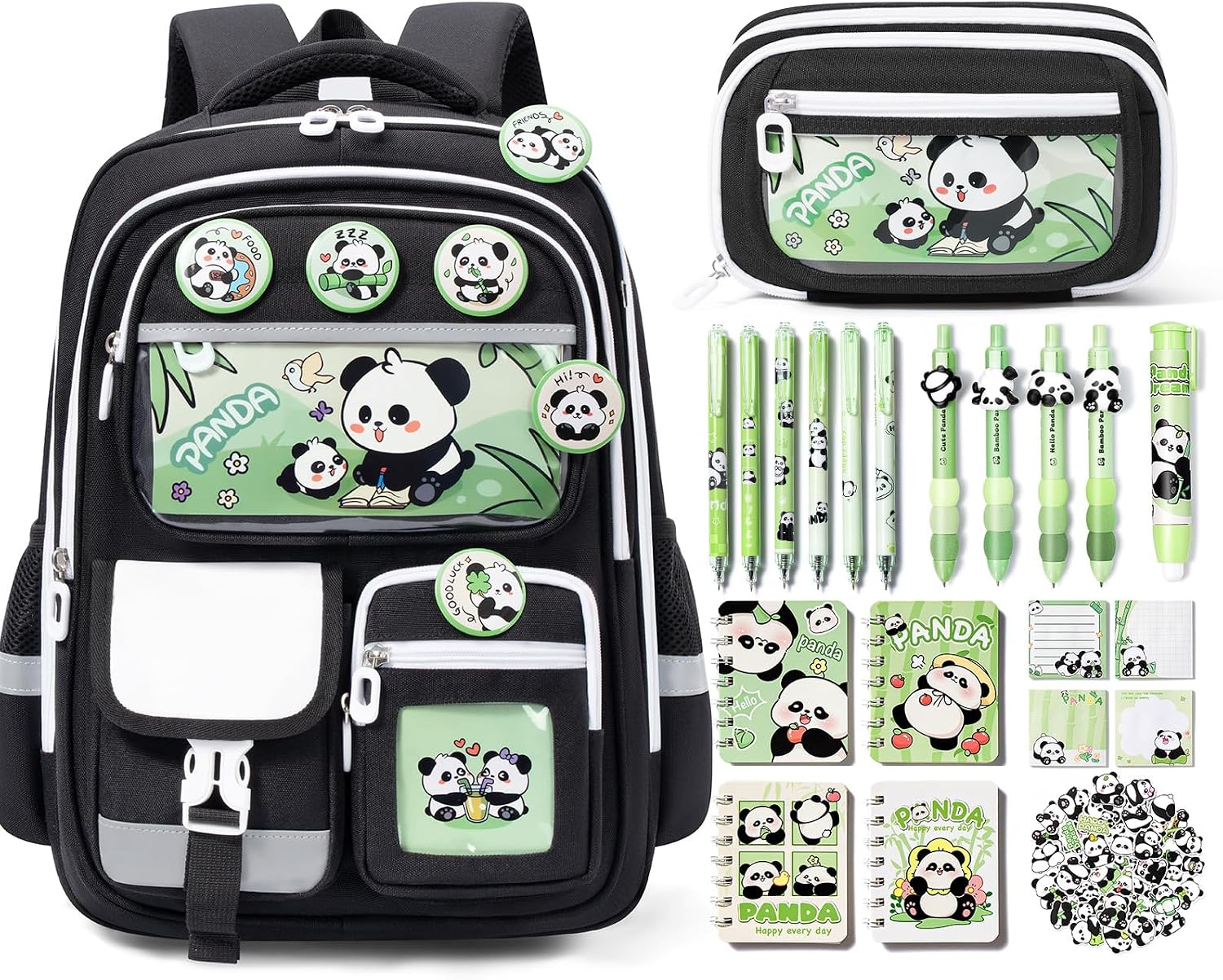 Fimibuke Kids Backpack for School Girls, 28PCS Panda Toddler School Supplies Stationery Set with Bookbag Pencil Case Pins Gel Pens Pencils Notebooks Sticky Notes for Kindergarten Elementary Student