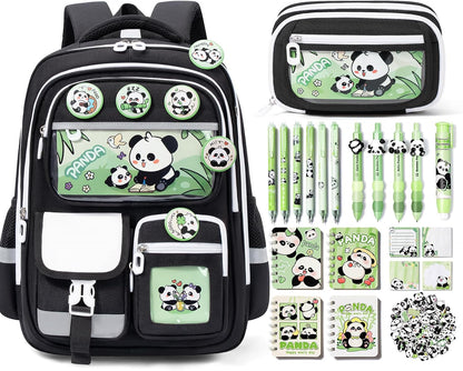 Fimibuke Kids Backpack for School Girls, 28PCS Panda Toddler School Supplies Stationery Set with Bookbag Pencil Case Pins Gel Pens Pencils Notebooks Sticky Notes for Kindergarten Elementary Student
