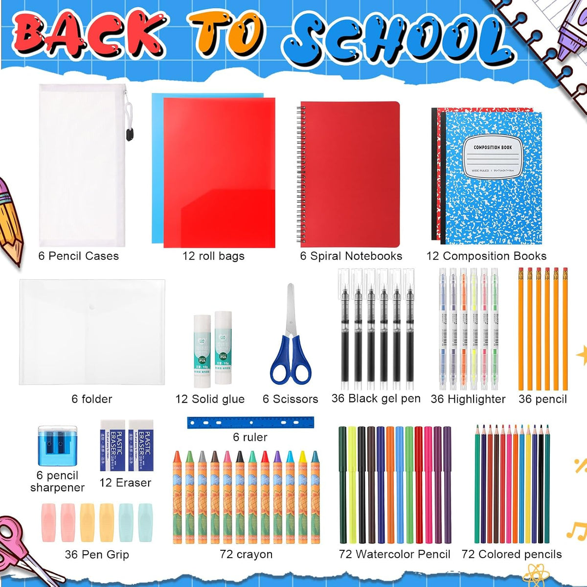 Gilprop 6 Set 2025 School Supplies Kit, 47 Pcs Per Set Back to School Supplies Primary Middle College Bundle Essential Stuff Bulk Pen Notebook Stationery for Kid Student Girl Teen Classroom Boy