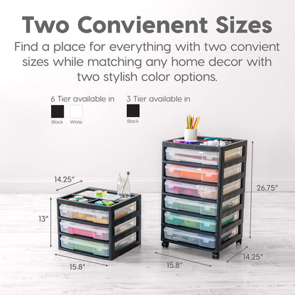 IRIS USA Fits 12 x 12 Paper, 6-Tier Scrapbook Rolling Storage Cart with Organizer for Stationery Vinyl Tools Office Art and Craft Supplies, Yarn, 6 Clear Cases w/ Built in Handle - White/Clear