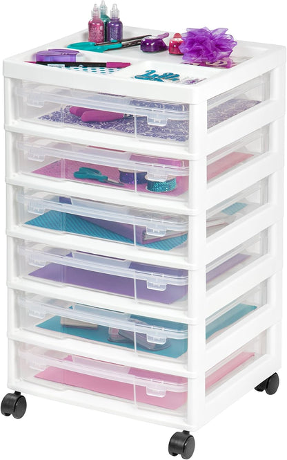 IRIS USA Fits 12 x 12 Paper, 6-Tier Scrapbook Rolling Storage Cart with Organizer for Stationery Vinyl Tools Office Art and Craft Supplies, Yarn, 6 Clear Cases w/ Built in Handle - White/Clear
