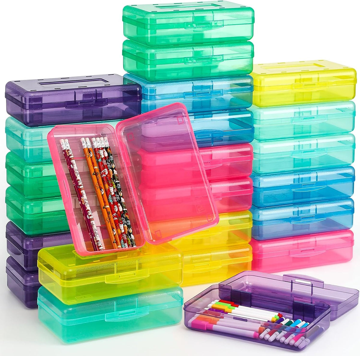 48 Pack Pencil Case for School Pencil Boxes Bulk Large Clear Plastic Crayon Box Marker Bead Pen Containers with Snap Lids Back to School Supplies Classroom Stationery Organizer for Craft(Transparent)