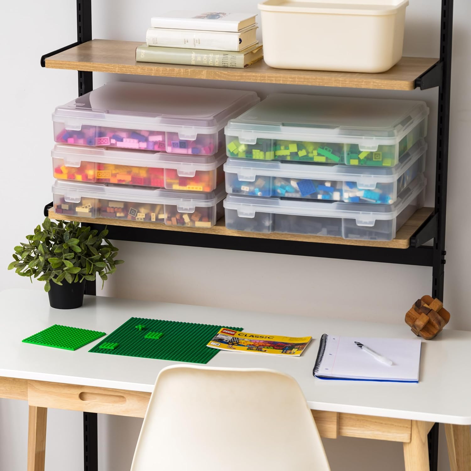 IRIS USA Fits 12 x 12 Paper, 6-Tier Scrapbook Rolling Storage Cart with Organizer for Stationery Vinyl Tools Office Art and Craft Supplies, Yarn, 6 Clear Cases w/ Built in Handle - White/Clear