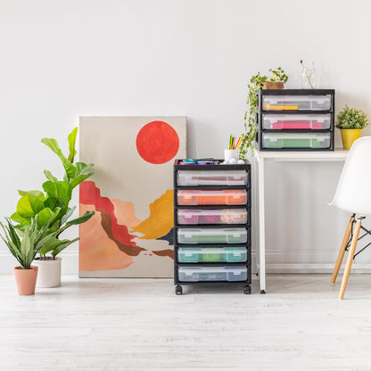 IRIS USA Fits 12 x 12 Paper, 6-Tier Scrapbook Rolling Storage Cart with Organizer for Stationery Vinyl Tools Office Art and Craft Supplies, Yarn, 6 Clear Cases w/ Built in Handle - White/Clear