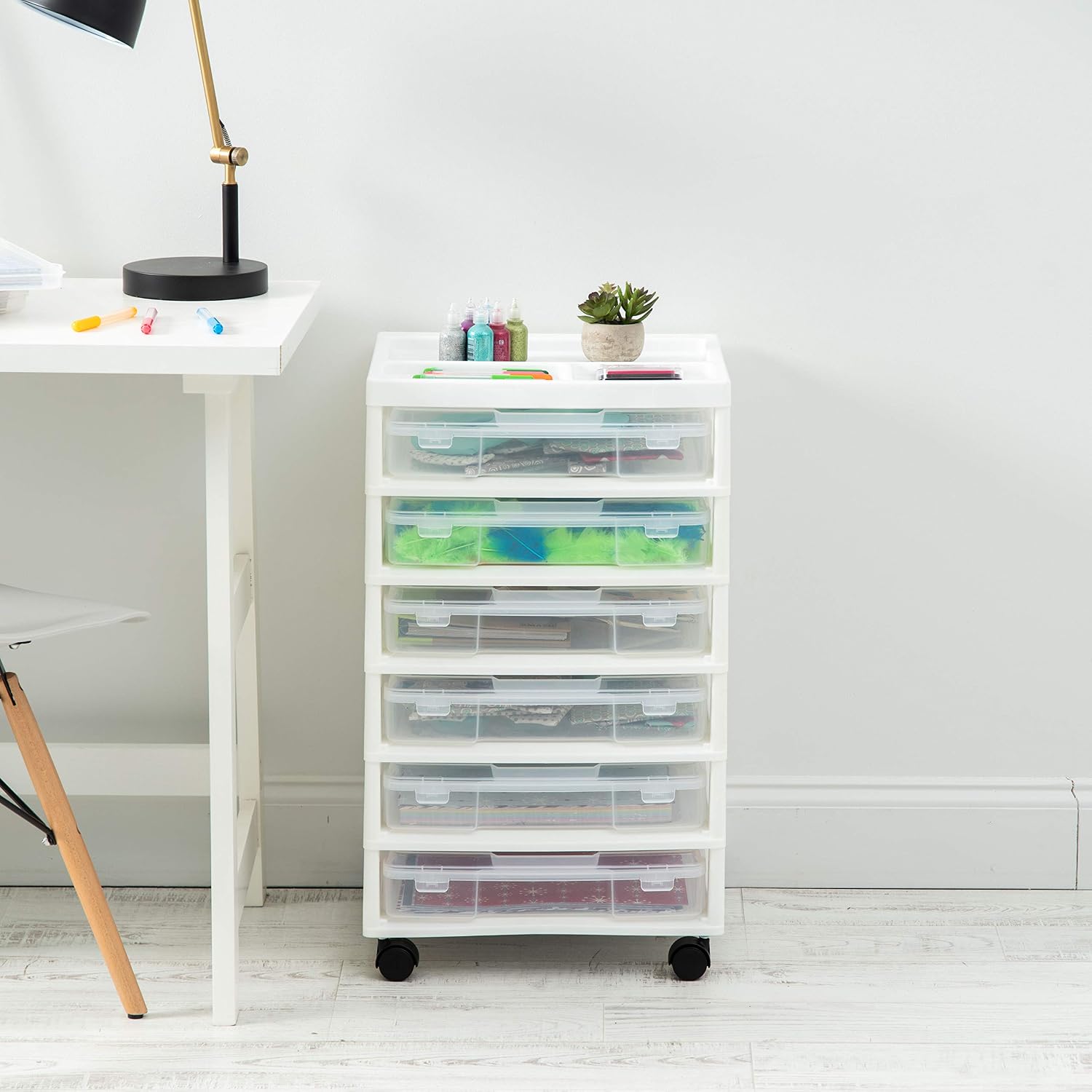 IRIS USA Fits 12 x 12 Paper, 6-Tier Scrapbook Rolling Storage Cart with Organizer for Stationery Vinyl Tools Office Art and Craft Supplies, Yarn, 6 Clear Cases w/ Built in Handle - White/Clear