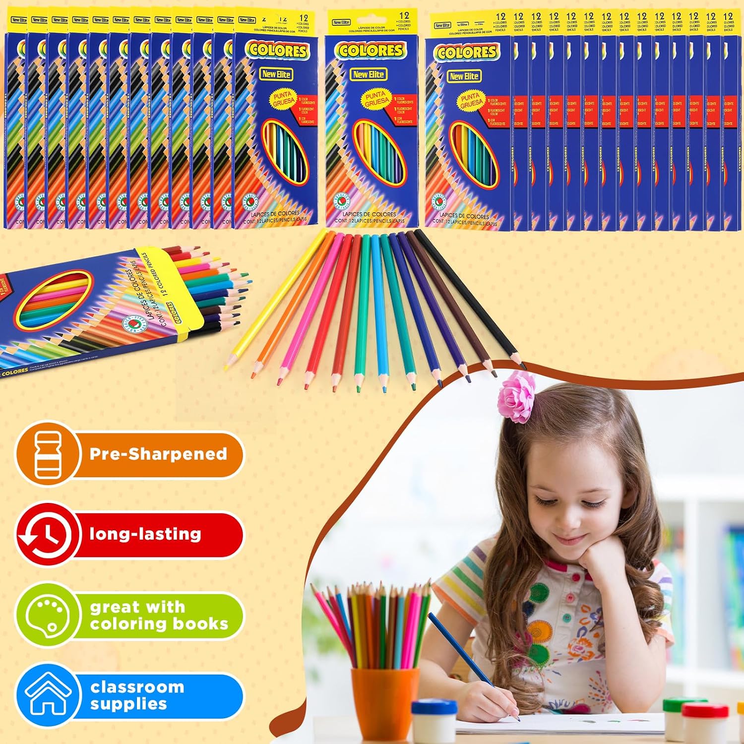 Dinifee 48 Set/1004 Count Bulk Back to School Supplies Kit for Student Include 576 Count Colored Pencils 480 HB Pencils 48 Pcs Manual Pencil Sharpeners with Lid for Art Classroom School Stationery