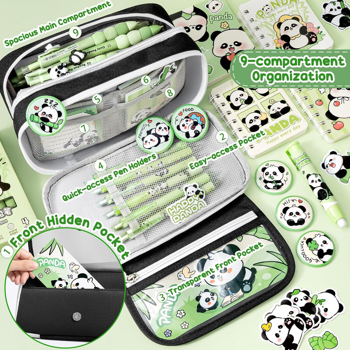 Fimibuke Kids Backpack for School Girls, 28PCS Panda Toddler School Supplies Stationery Set with Bookbag Pencil Case Pins Gel Pens Pencils Notebooks Sticky Notes for Kindergarten Elementary Student