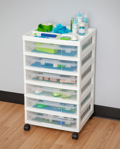 IRIS USA Fits 12 x 12 Paper, 6-Tier Scrapbook Rolling Storage Cart with Organizer for Stationery Vinyl Tools Office Art and Craft Supplies, Yarn, 6 Clear Cases w/ Built in Handle - White/Clear