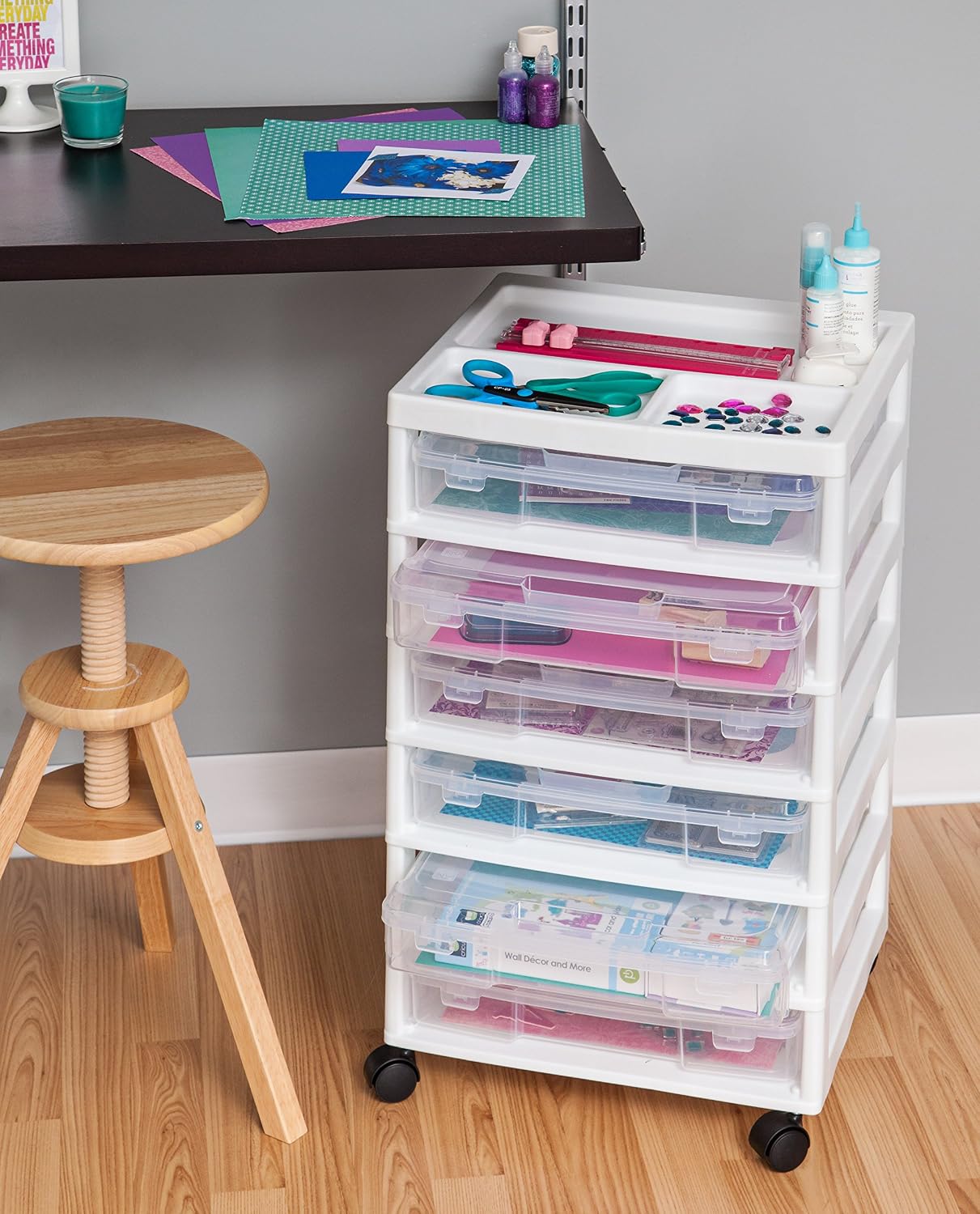IRIS USA Fits 12 x 12 Paper, 6-Tier Scrapbook Rolling Storage Cart with Organizer for Stationery Vinyl Tools Office Art and Craft Supplies, Yarn, 6 Clear Cases w/ Built in Handle - White/Clear